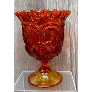 LE Smith Moon Stars Amberina Ruffled Edge Pressed Glass Pedestal Compote Goblet